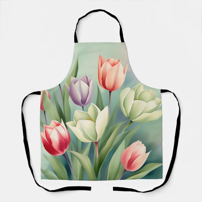 Colourful Tulips Watercolor Romantic Apron (Front)