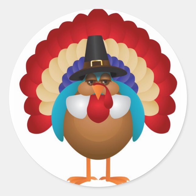 Colourful Turkey with Pilgrim Hat Sticker (Front)