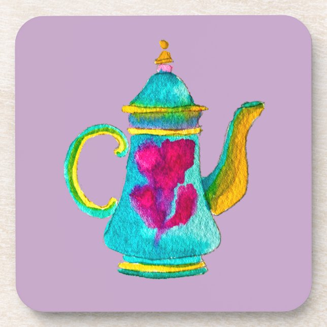 Colourful Turkish teapot watercolor Coaster (Front)