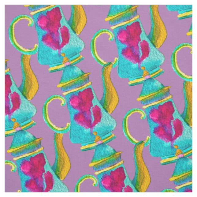 Colourful Turkish teapot watercolor Fabric (Swatch)