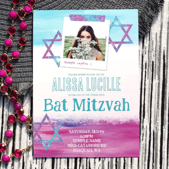 Colourful Turquoise, Hot Pink Glitter Bat Mitzvah Invitation (Abstract brush stroke, pink turquoise bat mitzvah invitations, star of david & photo)