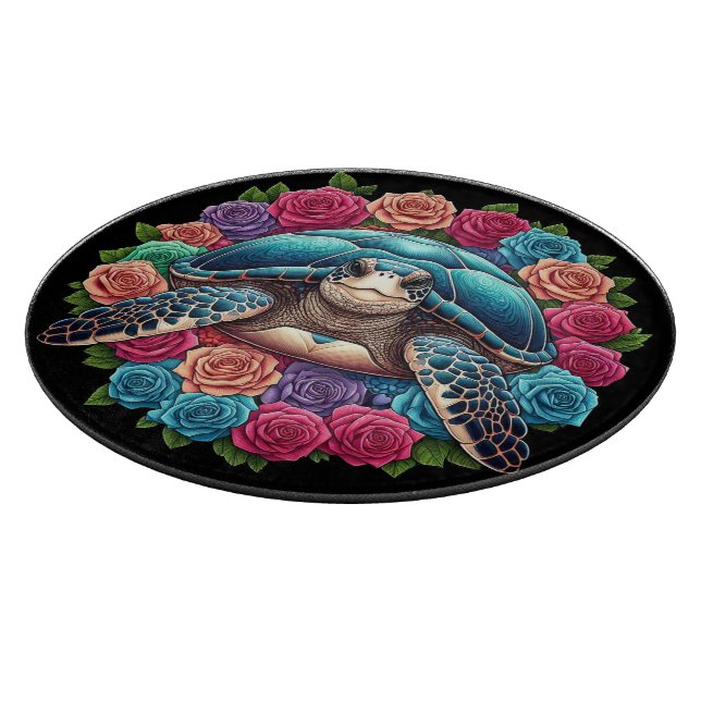 Colourful Turtle Illustration Surrounded by Roses Cutting Board (Corner)