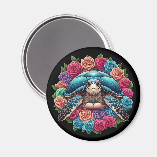 Colourful Turtle Illustration Surrounded by Roses Magnet (Front/Back)