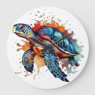 colourful turtle in watercolor large clock