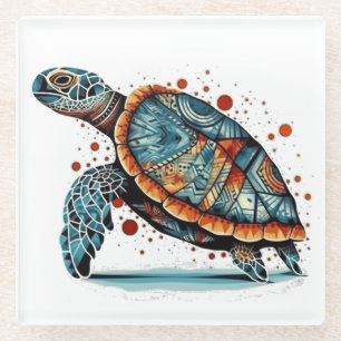 Colourful turtle painted in aboriginal style glass coaster