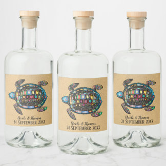 Colourful Turtle Sandy Beach Liquor Bottle Label