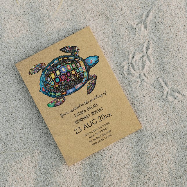 Colourful Turtle Sandy Beach Wedding Invitation (Creator Uploaded)