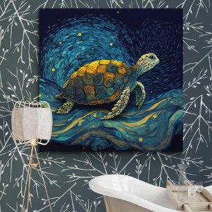 Colourful Turtle Swimming Under Starry Night Sky - Canvas Print