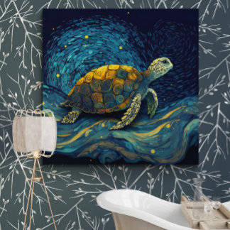 Colourful Turtle Swimming Under Starry Night Sky - Canvas Print