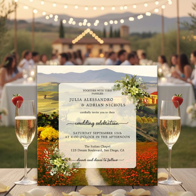 Colourful Tuscan Landscape Wedding Invitation (Italian wedding invitation featuring a fine art painting of an Italy inspired landscape scene)