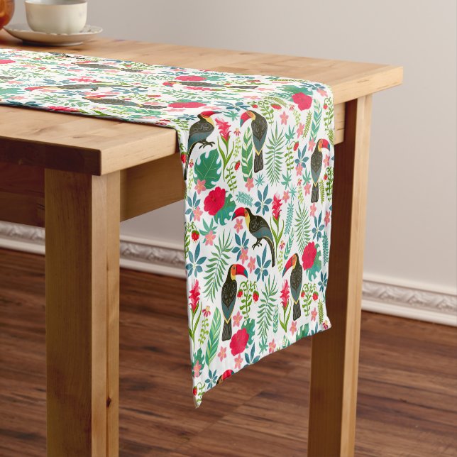 Colourful tuscans tropical birds & flowers pattern short table runner (In Situ)