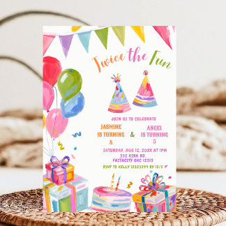 Colourful Twice the Fun Sibling Birthday Invitation