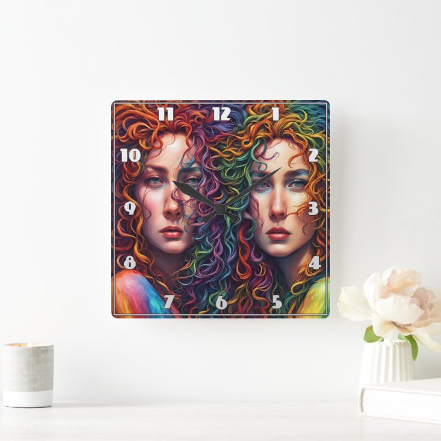 Colourful Twin Portrait With Curly Hair Square Wall Clock (Home)