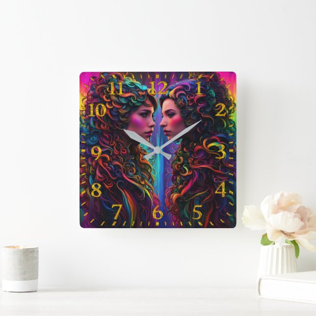 Colourful Twin Portraits With Curly Hair Design Square Wall Clock (Home)