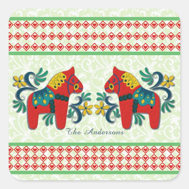 Colourful Twin Swedish Dala Horses Christmas Custo Square Sticker (Front)