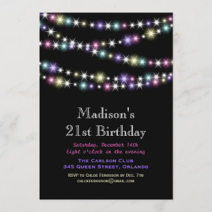 Colourful Twinkle Lights 21st Birthday Invitation