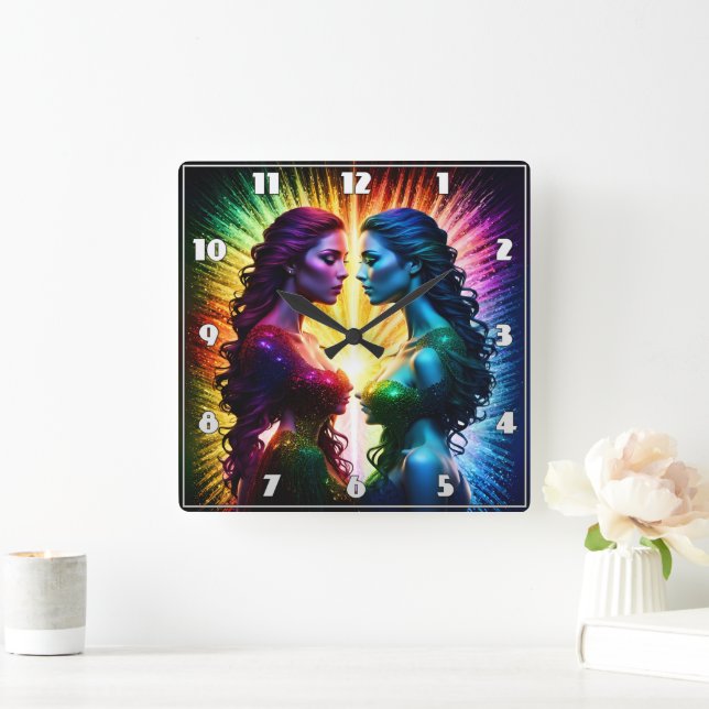 Colourful Twins Embracing Light at Night Square Wall Clock (Home)