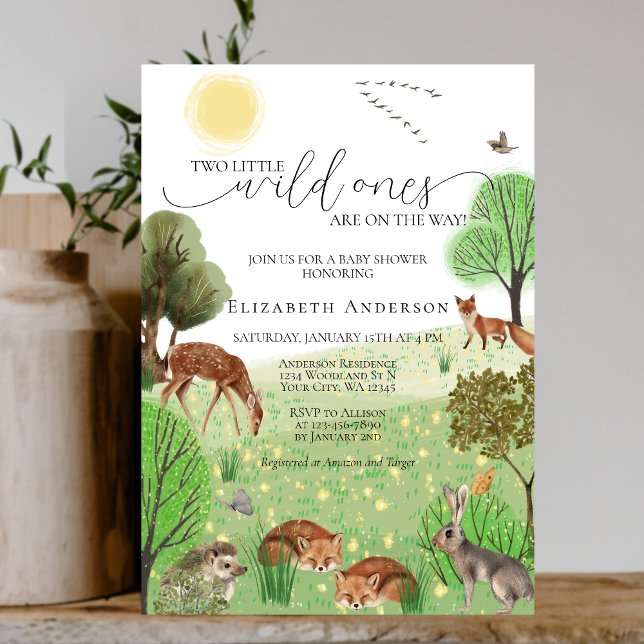 Colourful Twins Woodland Cute Animals Baby Shower Invitation (Creator Uploaded)