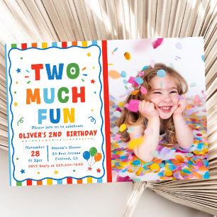 Colourful Two Much Fun 2nd Birthday Photo Invitation