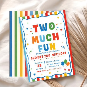 Colourful Two Much Fun Second Birthday Invitation