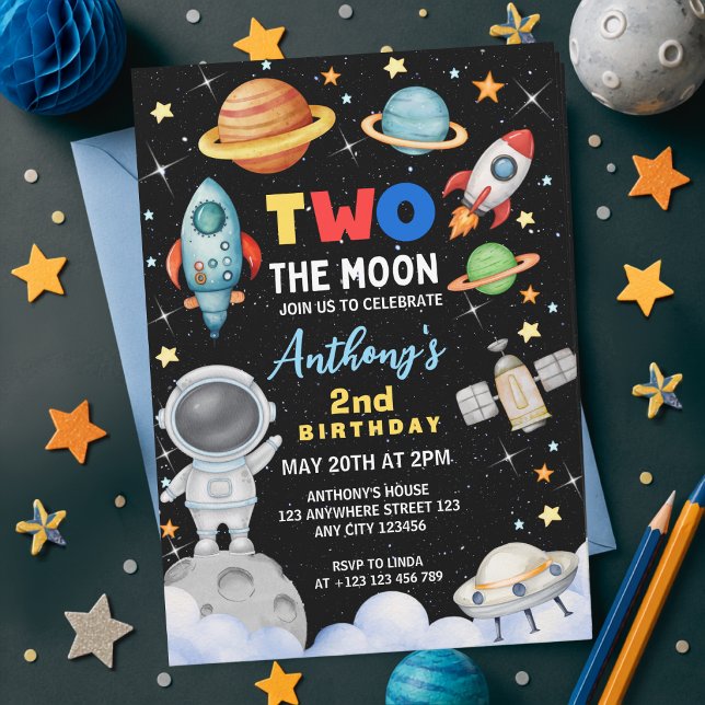 Colourful Two The Moon Space Rocket Birthday  Invitation (Creator Uploaded)