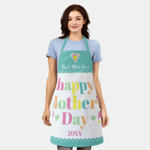 Colourful typography and hearts, teal Mothers Day Apron