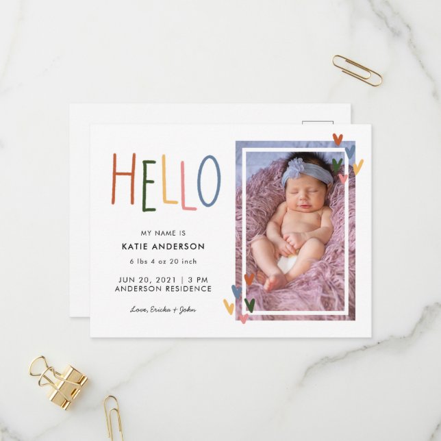 Colourful Typography Hello Birth Announcement (Front/Back In Situ)