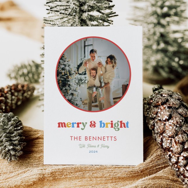 Colourful Typography Merry & Bright Round Photo Holiday Card (Creator Uploaded)