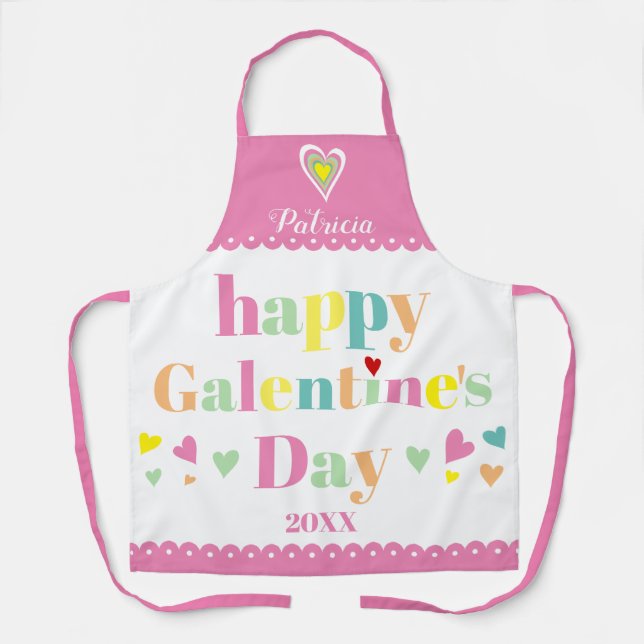 Colourful typography, pink border Galentines Day Apron (Front)