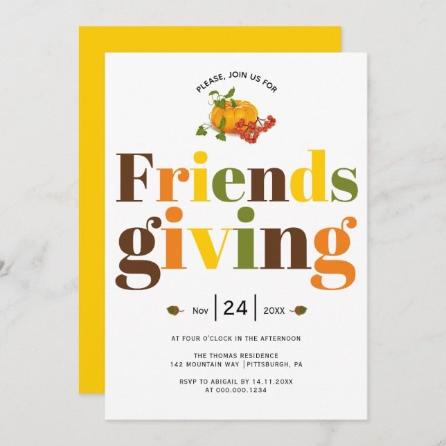 Colourful typography pumkin Friendsgiving Invitation (Front/Back)