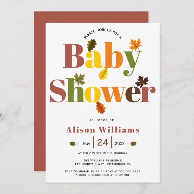 Colourful typography terracotta fall baby shower invitation (Front/Back)