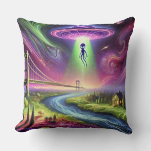 Colourful UFO Abduction Scene Alien and Cosmic Sky Cushion