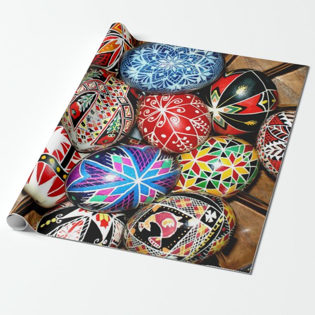 Colourful Ukrainian Easter Eggs Wrapping Paper (Unrolled)