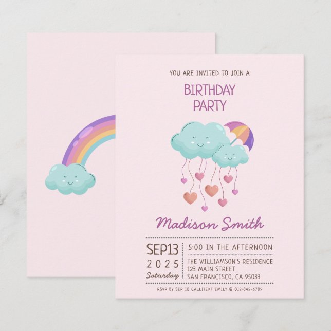 Colourful Umbrella Birthday Card with Cute Clouds  (Front/Back)