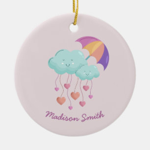 Colourful Umbrella Birthday Card with Cute Clouds Ceramic Tree Decoration