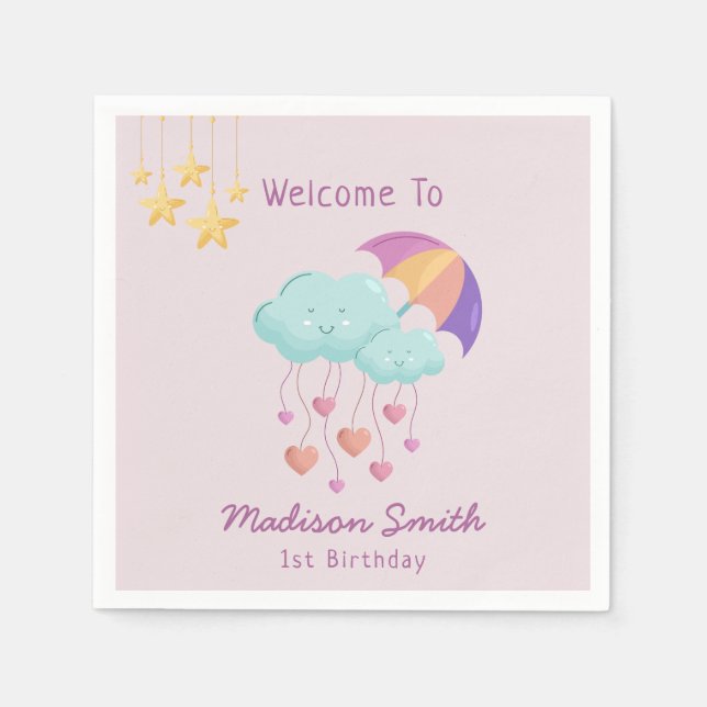 Colourful Umbrella Birthday Card with Cute Clouds  Napkin (Front)