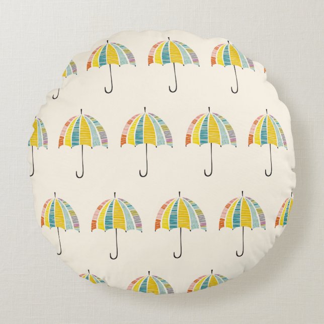 Colourful Umbrella – Bright & Cheerful Rainy Day Round Cushion (Front)