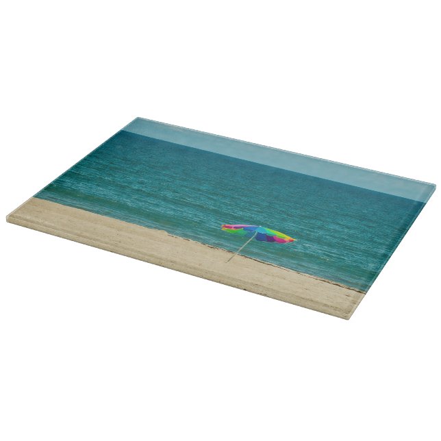 Colourful Umbrella On Beach Glass Cutting Board (Corner)