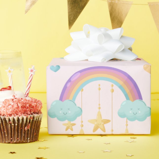 Colourful Umbrella with Cute Clouds Wrapping Paper (Birthday Party)