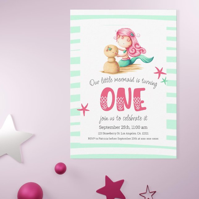 Colourful Under the Sea Mermaid Girl First Birthda Invitation (Aqua and Pink Mermaid First Birthday Summer Invitation )