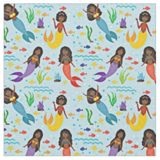 Colourful Undersea Mermaids & Fish on Blue Fabric