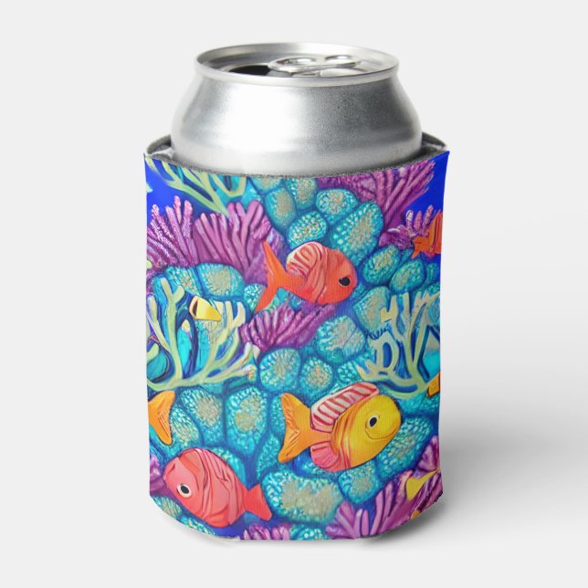 Colourful Underwater Coral Reef Seamless Pattern Can Cooler (Can Front)