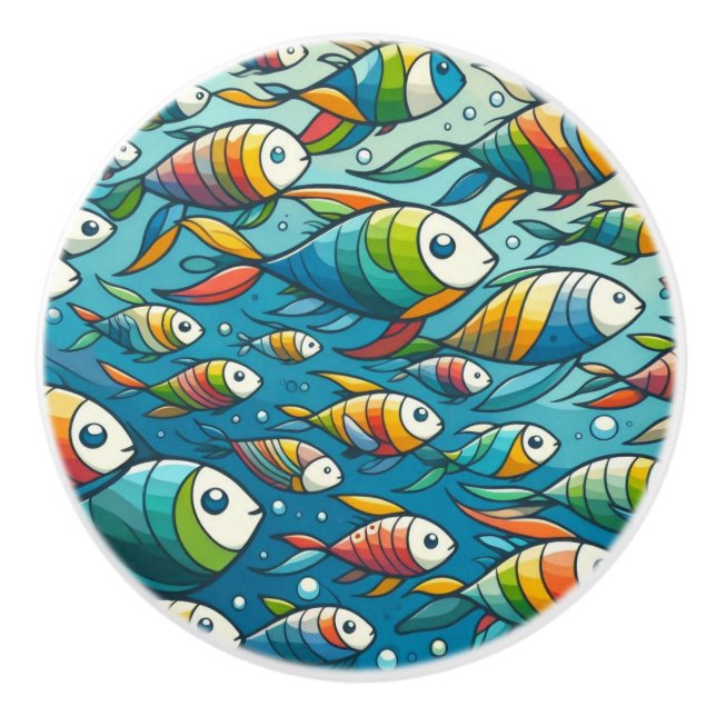 Colourful underwater fish art ceramic knob (Front)