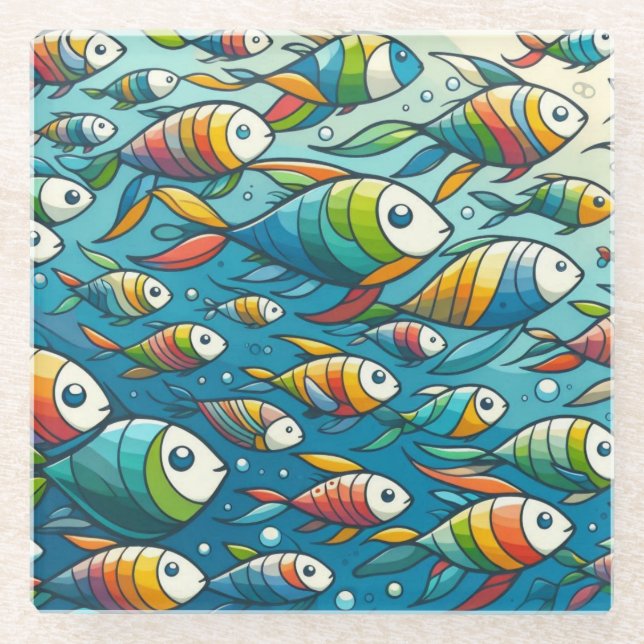 Colourful underwater fish art glass coaster (Front)