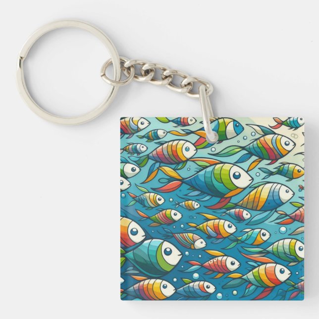 Colourful underwater fish art key ring (Front)