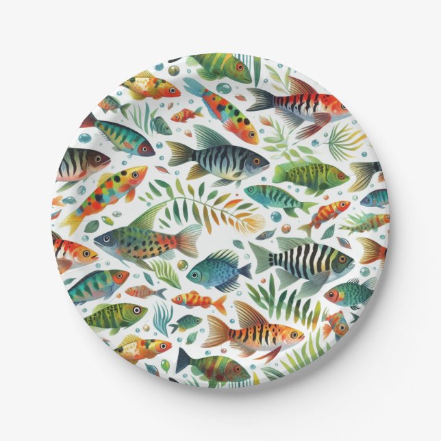 Colourful underwater fish art paper plate (Front)