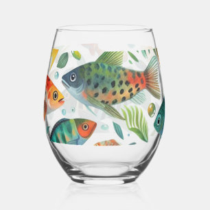 Colourful underwater fish art stemless wine glass