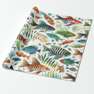 Colourful underwater fish art wrapping paper