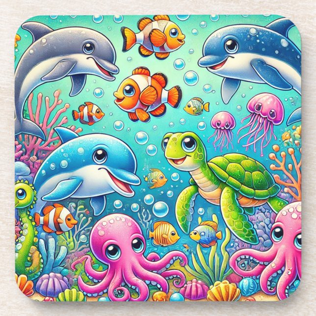 🐠 Colourful Underwater Glow 🌊 Playful Ocean Sea  Coaster (Front)