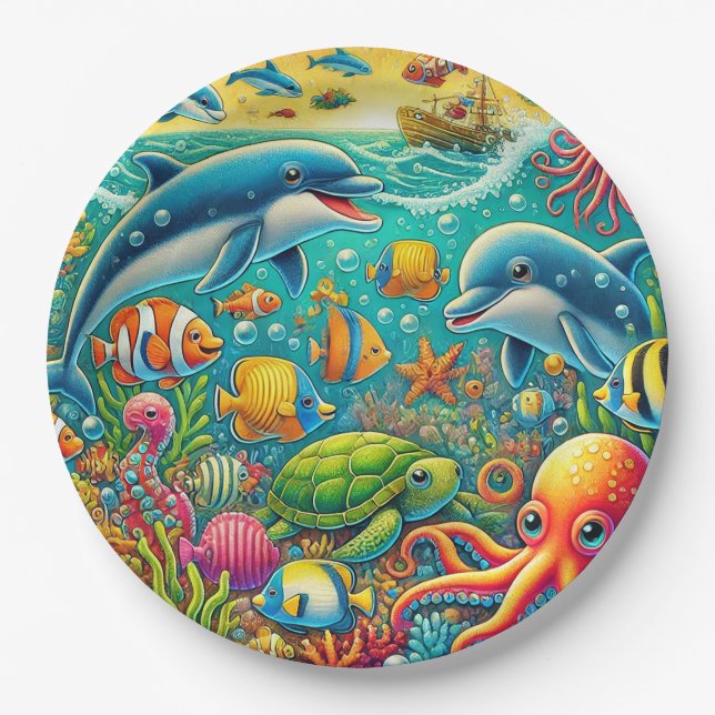 Colourful Underwater Scene Featuring Marine Life Paper Plate (Front)